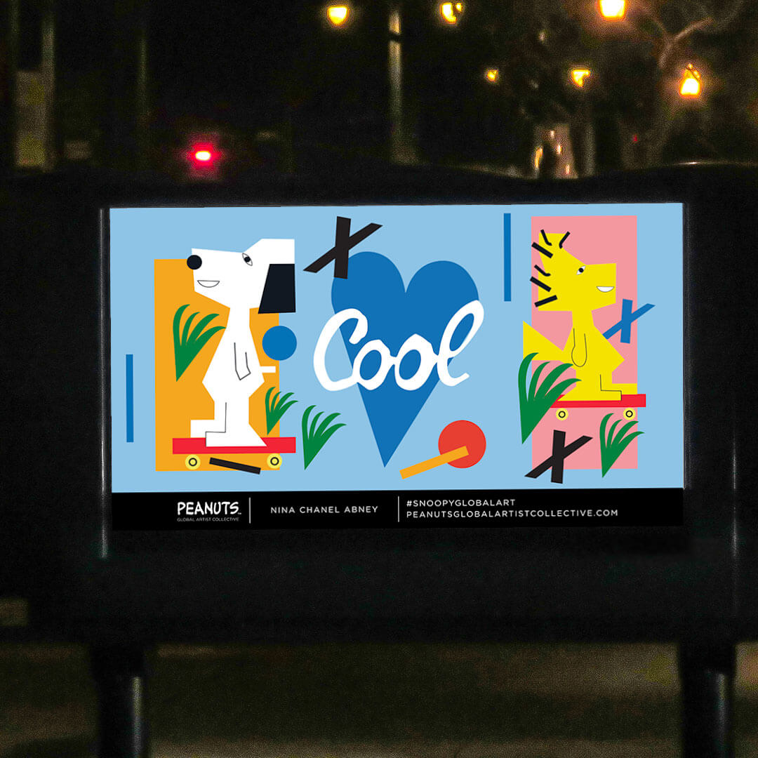 A colourful comic illustration of a yellow bird and a black and white dog on display with city lights in the background.
