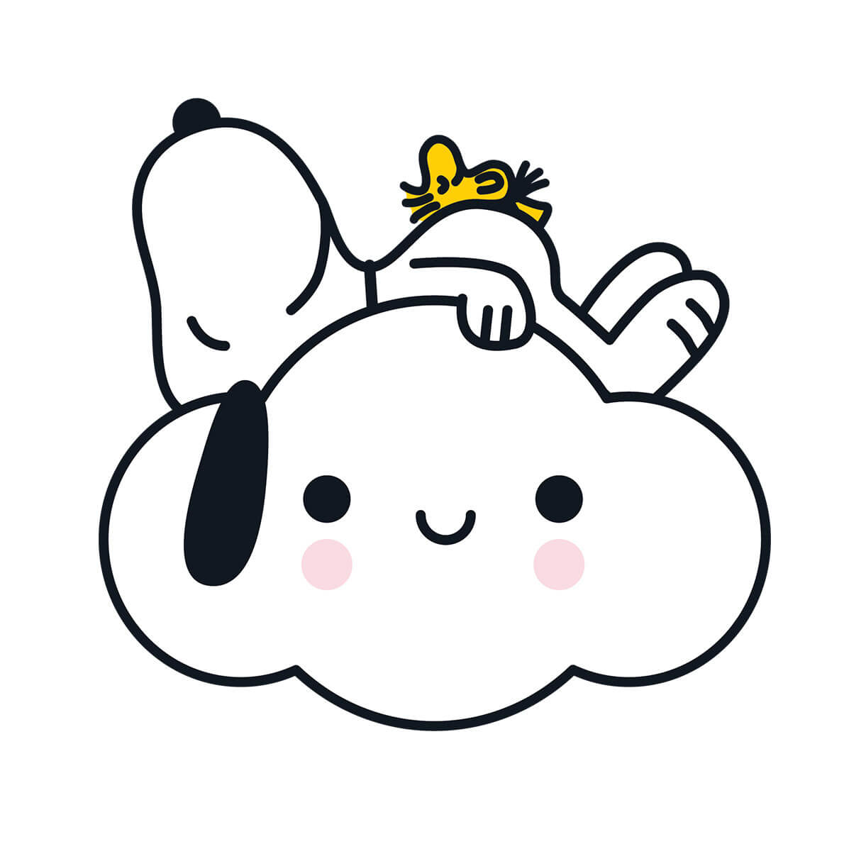 A cloud with a face and a white dog sleeping on it.