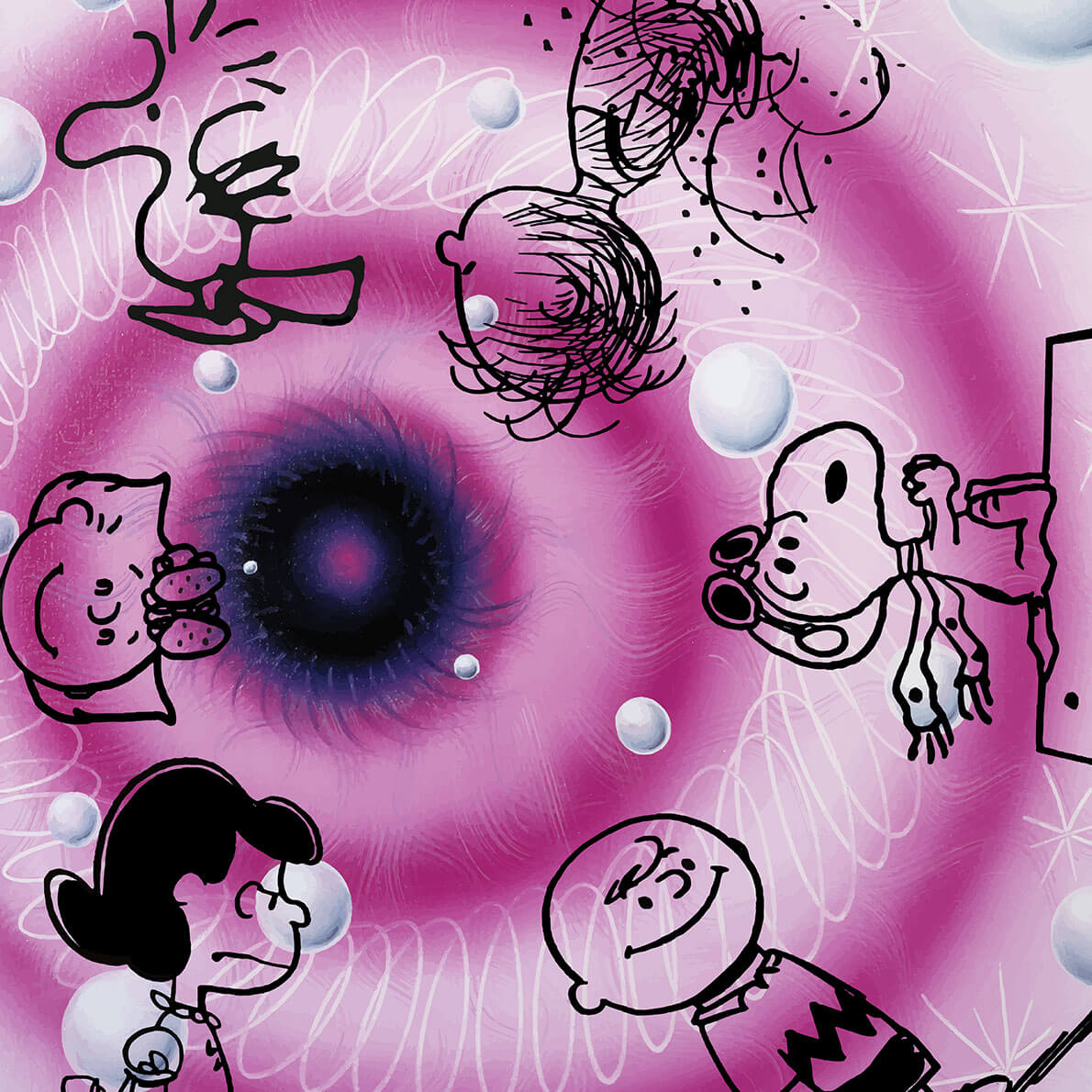 A spray painted, purple eye with show characters around it.