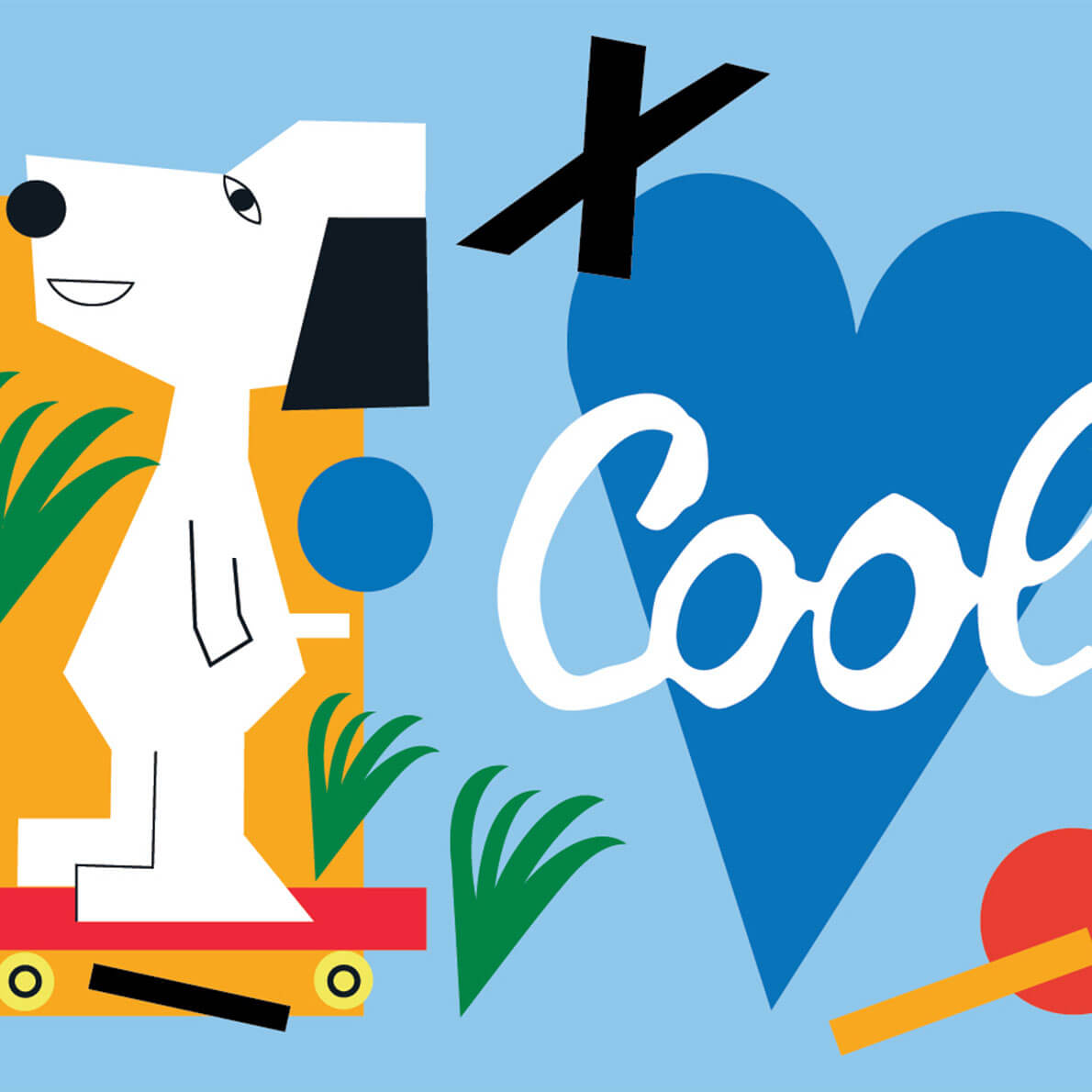 A black and white dog in front of a yellow and blue background and the word “Cool” written on the right side.