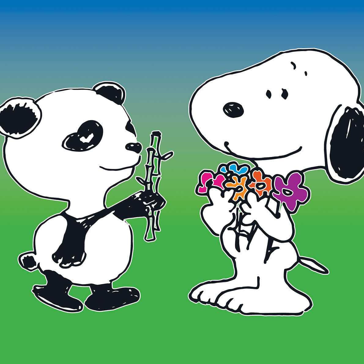 A panda and a black and white dog in front of a blue and green background.