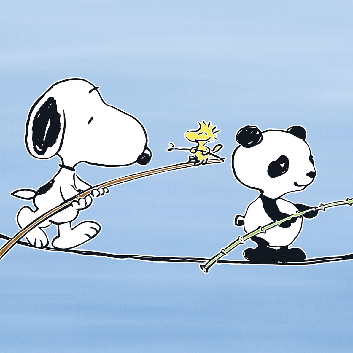 A panda and a black and white dog walking on a thin rope in front of a blue background.