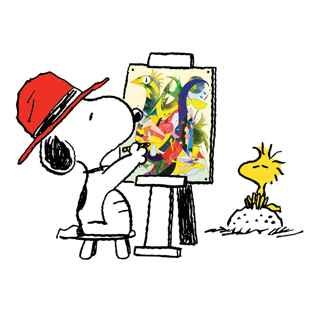 A white dog, wearing a red hair, sitting on a chair and painting a picture of a yellow bird sitting in front of him. 