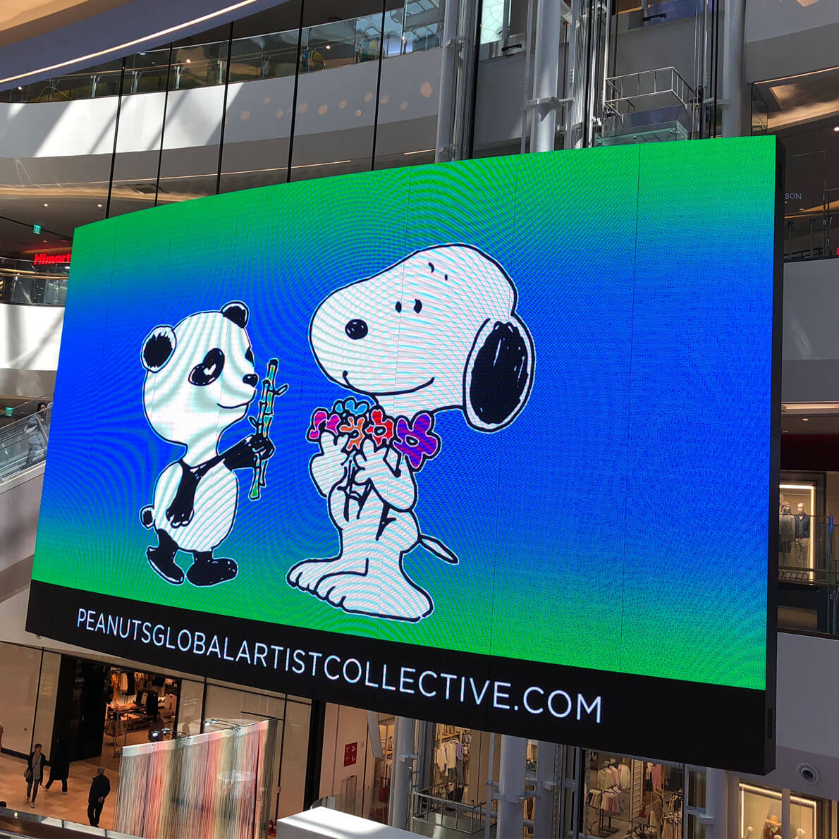 A large LED screen, inside a shopping mall, displaying a black and white dog and a panda.
