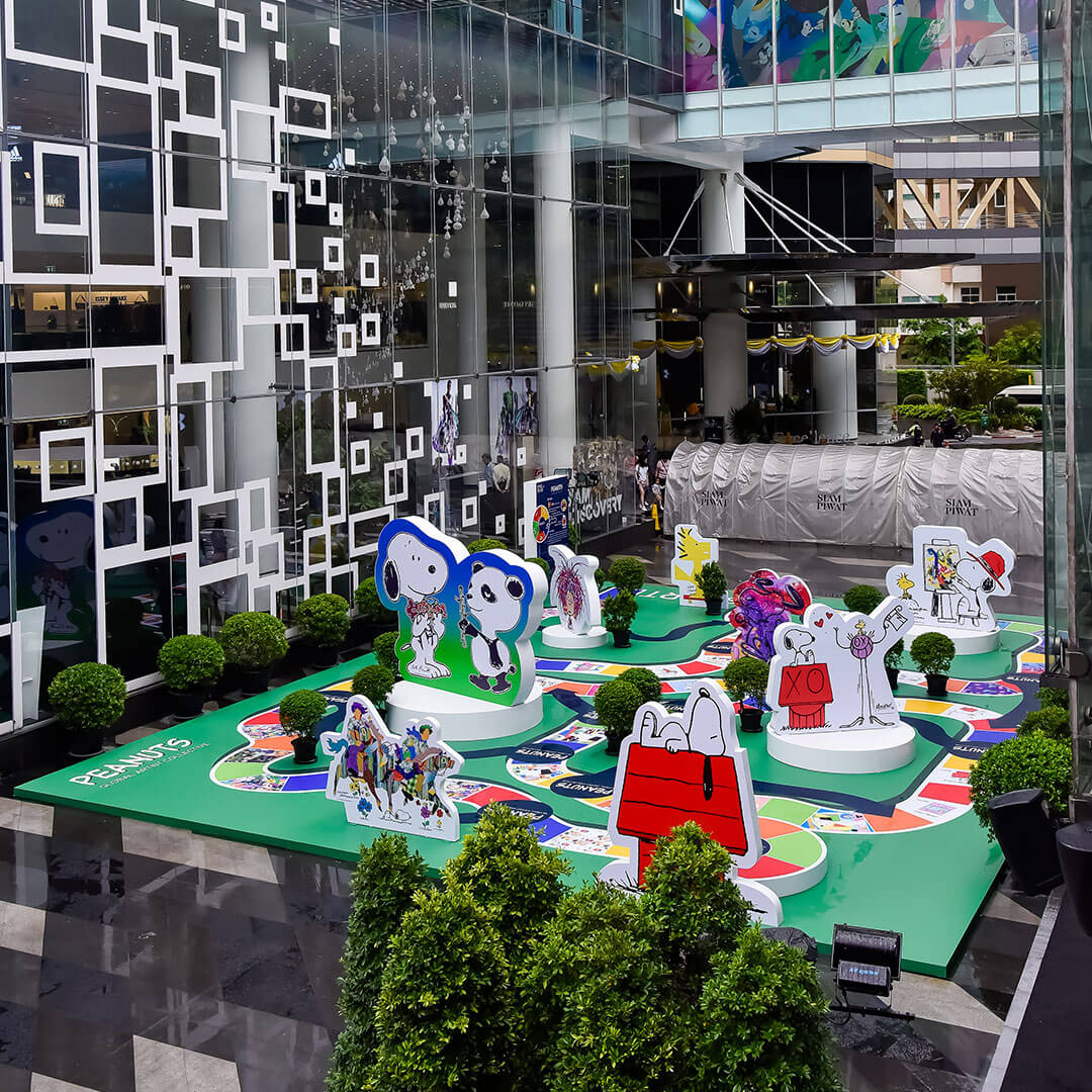 Large, colourful art installations inside of a shopping mall.